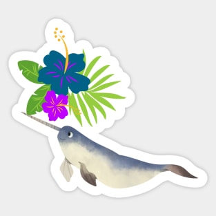 Narwhal Hawaiian Hibiscus Purple Flowers Sticker